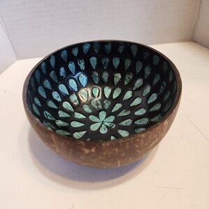 Coconut Shell Bowl Blue Mother of Pearl Inlay Handmade Decorative Boho Decor